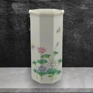 VTG Otagiri Japan "Lotus Garden" Octagonal Porcelain Vase Gold Rim 7 1/2” High
